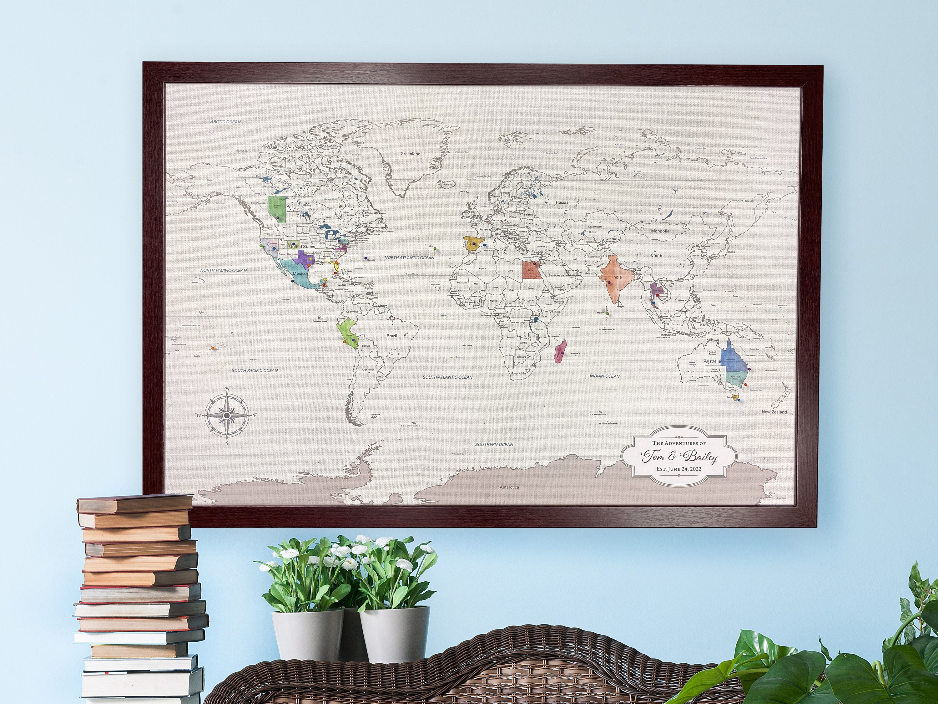 World Watercolor Map DIY - 2nd Cotton Anniversary Gifts for him or her, Travel Valentines Day | JW Design Studio