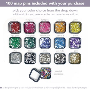 100 map pins for your push pin travel map by JW Design Studio Gifts. Pick your color choice from the drop down. 15 colors to choose from as well as a random assortment of map pins.