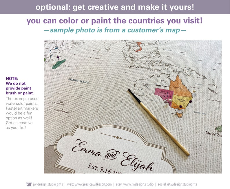 Optional, get creative and make your push pin world travel map yours by watercolor painting in the countries and states traveled to! Sample photo shows how you can paint your own push pin world travel map on 100 percent cotton canvas.