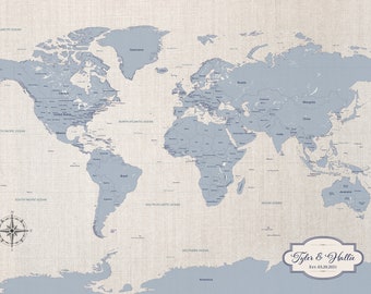 cotton anniversary gift blue world map push pin [ 100 percent cotton gift for him her ] JW Design Studio