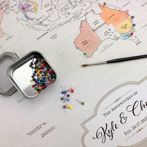 Watercolor Paint and Color in World Travel Map on Cotton Canvas, Personalized Travel Tracker