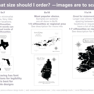 What size leather map should I order? A graphic that shows the differences in sizes and what is available at each size. 8x10 is the most popular option. 5x7 is for minimal requests and 11x14 is for detailed requests or larger art requests.