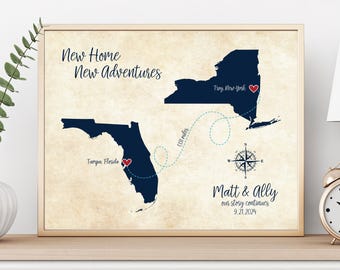 Personalized Map Print with linked locations, Custom Travel Adventures Art for Couples - long distance love | JW Design Studio