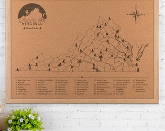 GWHVA Virginia 43 State Parks + SNP Cork Map X JW Design Studio Gifts - Hiking Push Pin Map