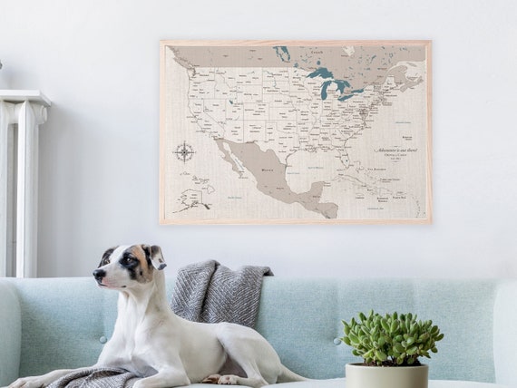 USA Cotton Watercolor Paint and Pin Map, personalized - Anniversary Gift Travel Art