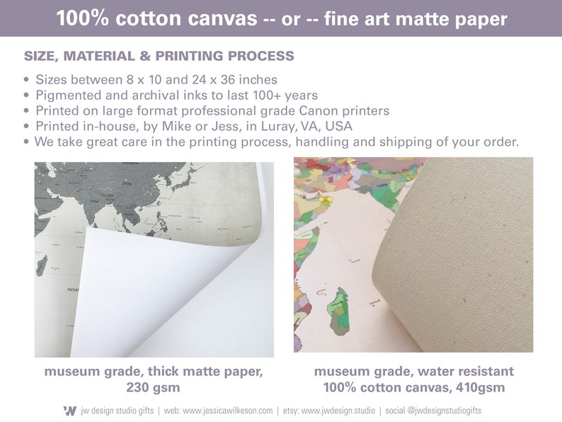 choose 100 percent cotton canvas or fine art matte paper for your custom keepsake map art.