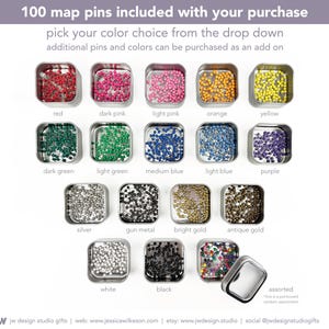 100 map pins in a metal storage tin, available in 16 color options. Choose from red, dark pink, light pink, orange, yellow, dark green, light green, medium blue, light blue, purple, silver, gun metal, bright gold, antique gold, white, black or an assortment of all 16 colors. Perfect for for world and USA travel maps to mark trips and adventures.