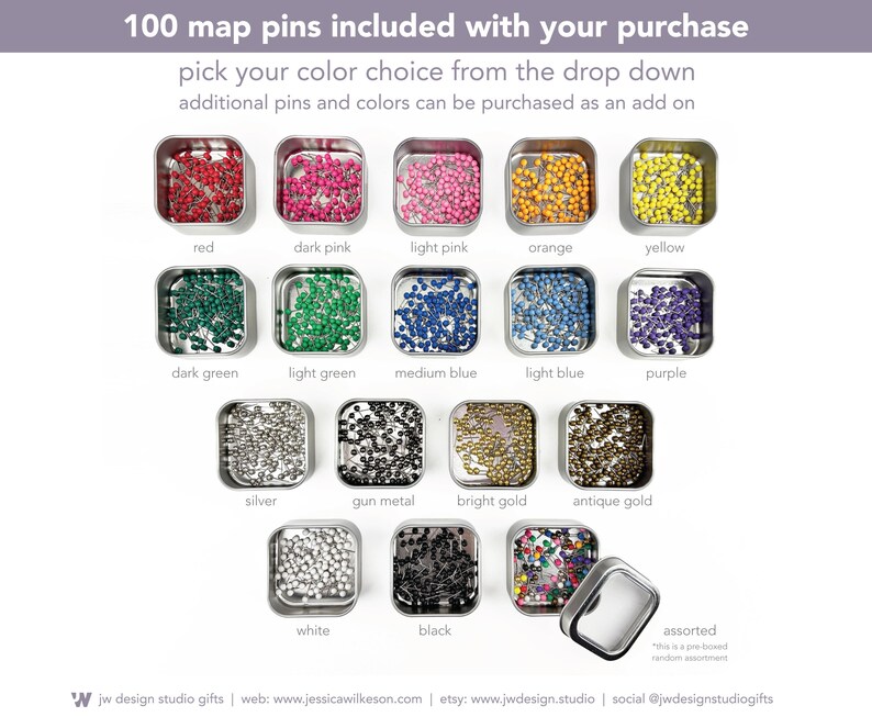 100 map pins in a metal storage tin, available in 16 color options. Choose from red, dark pink, light pink, orange, yellow, dark green, light green, medium blue, light blue, purple, silver, gun metal, bright gold, antique gold, white, black or an assortment of all 16 colors. Perfect for for world and USA travel maps to mark trips and adventures.