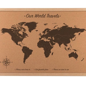 Our world travels world map cork board. This 23 x 17 inch cork world map is engraved directly on the cork board for a lifetime of travels and pinning your adventures. Choose your title and legend options or upgrade to personalize it!
