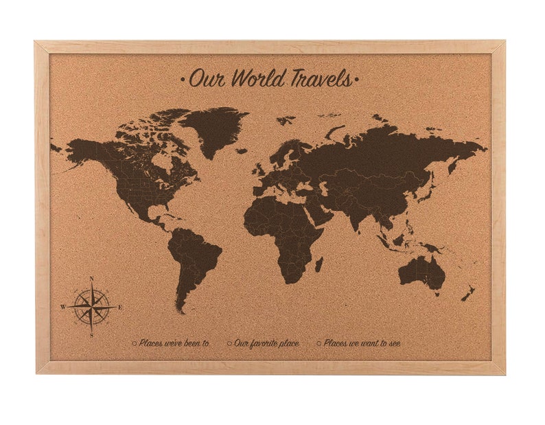 Our world travels world map cork board. This 23 x 17 inch cork world map is engraved directly on the cork board for a lifetime of travels and pinning your adventures. Choose your title and legend options or upgrade to personalize it!