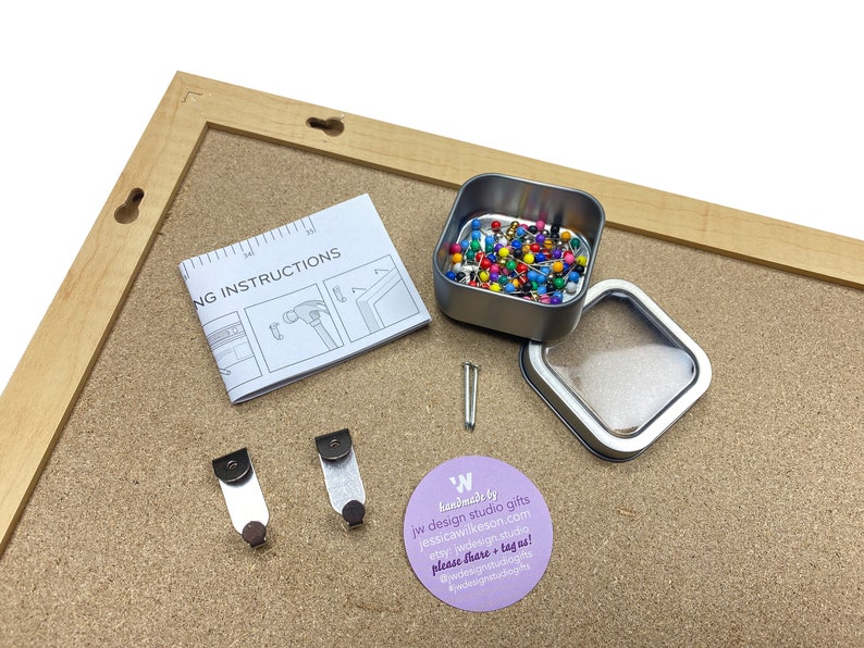 cork board travel map by JW Design Studio Gifts comes with easy hanging hardware and instructions. Plus your choice of 100 map pins in a tin.