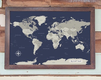 Navy world travels map with custom banner, 100 map pins - birthday gift for him or her | JW Design Studio