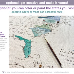 Do it yourself watercolor paint map. The sample image is showing how this cotton anniversary map can be customized by painting in the the states you have visited. The sample watercolor states are painted in shades of blue and green.