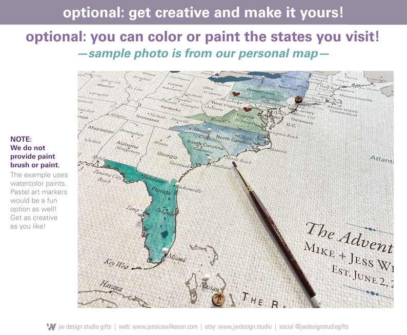 Do it yourself watercolor paint map. The sample image is showing how this cotton anniversary map can be customized by painting in the the states you have visited. The sample watercolor states are painted in shades of blue and green.