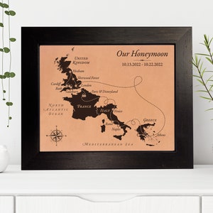 Recuerdo de mapa de cuero, regalo de tercer aniversario, mapa personalizado de luna de miel y boda