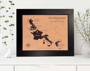 Leather Map Art Keepsake, 3rd Anniversary Gift Custom Map of Honeymoon Wedding