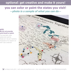 optional, you can color and paint the states you visit on this unique USA push pin travel map. Note: we do not supply paint or paint brush. Images are samples of what you can do with your map.