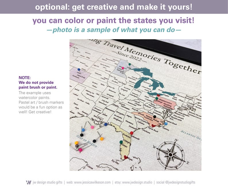 optional, you can color and paint the states you visit on this unique USA push pin travel map. Note: we do not supply paint or paint brush. Images are samples of what you can do with your map.