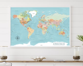 Blue World Push Pin Travel Map Poster – Paper 1st Anniversary Gift, Travel Decor, World Explorer