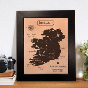 3rd anniversary for her him keepsake [ leather custom our honeymoon map, Ireland or ANY country ] JW Design Studio