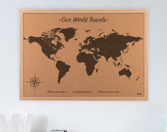 Corkboard World Push Pin Map - Unique Wood Anniversary Gift Idea, Stylish Apartment Home Decor | JW Design Studio