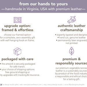 From our hands to yours. Premium handmade leather gifts from JW Design Studio. Features framed gift upgrade, authentic hand cut leather, permanent laser engraving, careful packaging, and sustainably sourced vegetable tanned leather. Crafted in Luray, Virginia, USA, perfect for a ready to give, high quality, responsibly made gift.