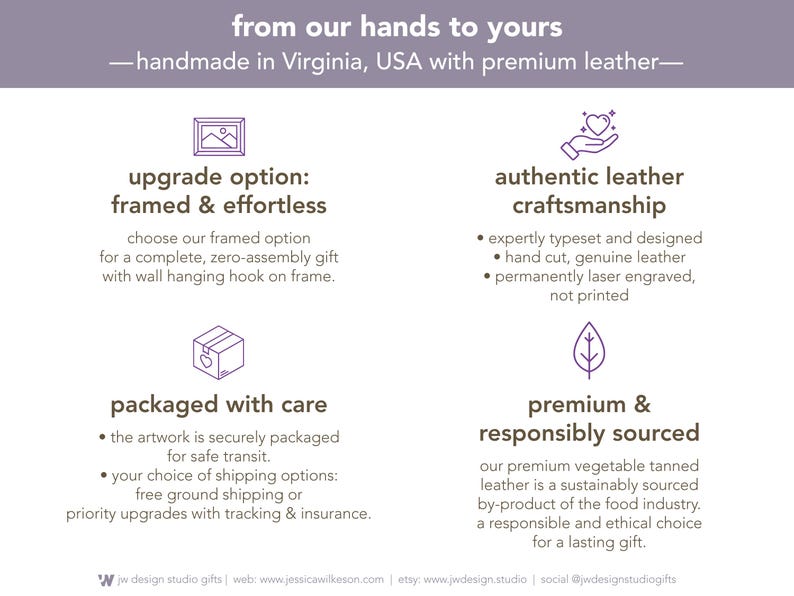 From our hands to yours. Premium handmade leather gifts from JW Design Studio. Features framed gift upgrade, authentic hand cut leather, permanent laser engraving, careful packaging, and sustainably sourced vegetable tanned leather. Crafted in Luray, Virginia, USA, perfect for a ready to give, high quality, responsibly made gift.