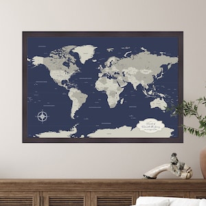 Cotton anniversary gift for men, Navy world travel map - Personalized push pin our journey map | JW Design Studio