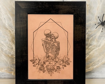 Engraved Leather Skeleton Art: Goth Dark Romance Decor