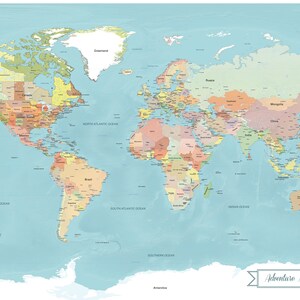 Full size image of the blue colorful world push pin map. It has a custom banner detail, this one states Adventure Awaits. The countries are multi colored and very colorful, the water is a teal pastel blue. There is a compass on the world map