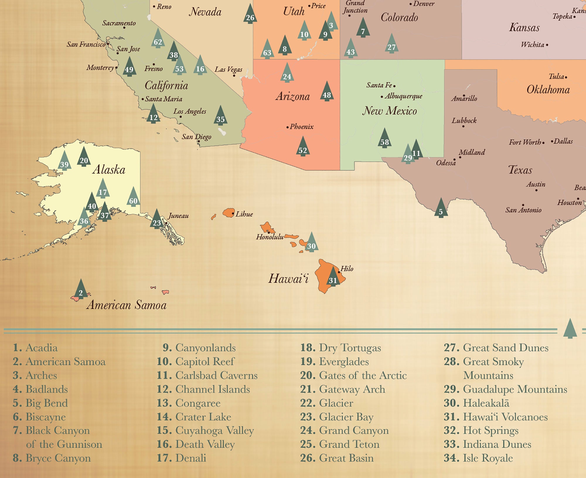 Us National Parks Push Pin Map 63 National Parks Current Etsy