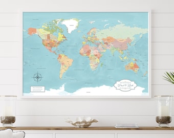 blue world map with cities - best 2nd anniversary gift idea for husband or wife | JW Design Studio