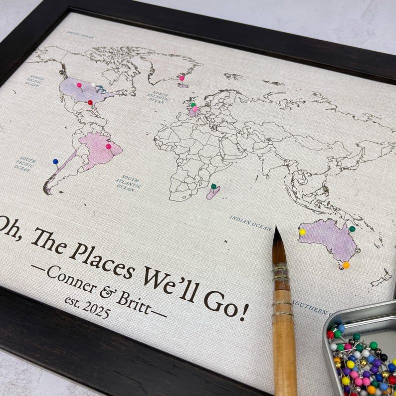 World Push Pin Map Personalized, Cotton 2nd Anniversary Gift, DIY Paint and Color in Travel Map 11x14