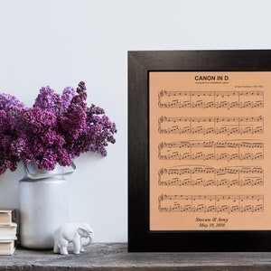 Personalized wedding song sheet music, beautifully engraved on leather and elegantly framed in dark walnut. This cherished keepsake includes the couple's first names and wedding date. The leather art rests on a desk adorned with purple flowers.