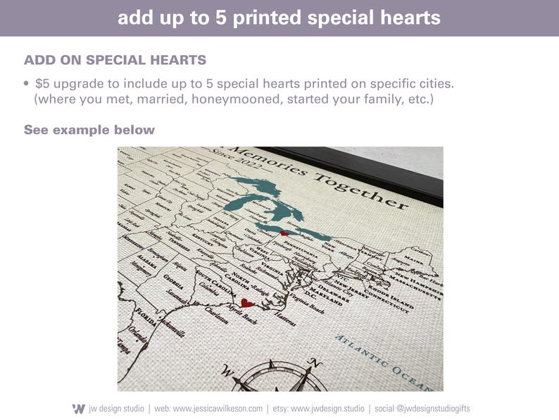 add up to 5 printed hearts on your custom USA push pin travel map