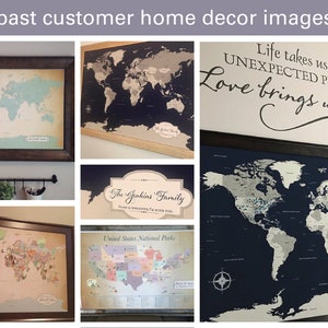 past customer home decor images from push pin travel maps ordered from JW Design Studio and personalized for our customers