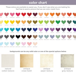 Color chart. These colors are available to assist you. If you do not see what you are looking for, feel free to send a picture that we can color match from.