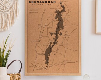 Shenandoah National Park Cork Board Map - hiking gift for him or her | JW Design Studio