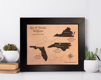 3rd anniversary gift for him her [ leather map art keepsake our journey ] JW Design Studio