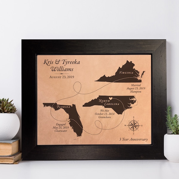 3rd anniversary gift for him her [ leather map art keepsake our journey ] JW Design Studio