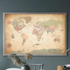 Retro wereldkaartposter, vintage stijlkaart - cadeaus voor vriend, echtgenoot hem | JW Design Studio