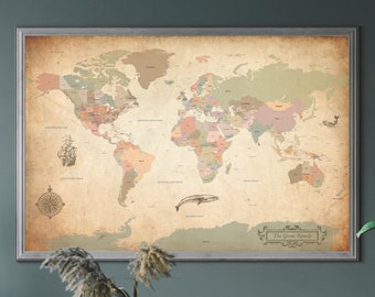 Retro World Map Poster, Vintage Style Map - gift for boyfriend husband him | JW Design Studio