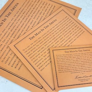 The Man in the Arena quote engraved on leather. Available in 3 sizes for the perfect gift for him, office decor and achievement awards. Professionally designed and laser engraved onto real leather. Framed or unframed options.