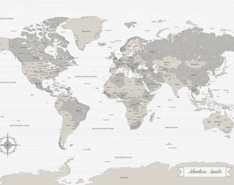 Farmhouse gray push pin world map poster [ Paper Anniversary Gift Idea ] JW Design Studio