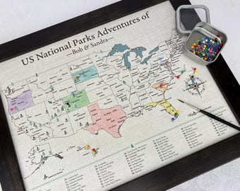 Personalized US National Parks Push Pin Travel Map, 11x14 Available Framed - Cotton 2nd Anniversary Gift