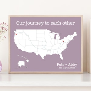 Personalisierte USA Reisekarte Print - Unsere Reise-Andenken-Karte mit Herzen, Papier oder Baumwolle Jahrestag Geschenkidee | JW Designatelier