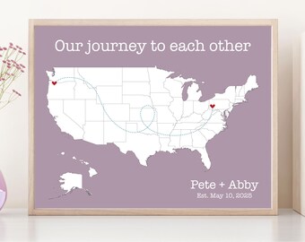 Personalized USA Travel Map Print - Our Journey Keepsake Map with hearts, Paper or Cotton Anniversary Gift Idea | JW Design Studio