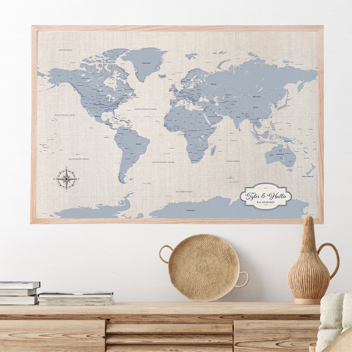 Blue Cotton Canvas World Map Push Pin Map - 2nd Anniversary Gifts for Him or Her | JW Design Studio - Etsy