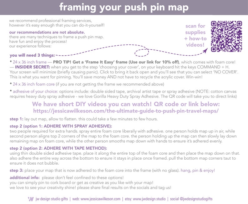 How to Do it yourself mount and frame a push pin travel map by JW Design Studio Gifts! Graphic explains easy steps to mount and frame your travel map easily!