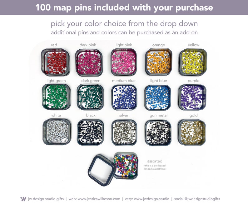 100 map pins for your push pin travel map by JW Design Studio Gifts. Pick your color choice from the drop down. 15 colors to choose from as well as a random assortment of map pins.
